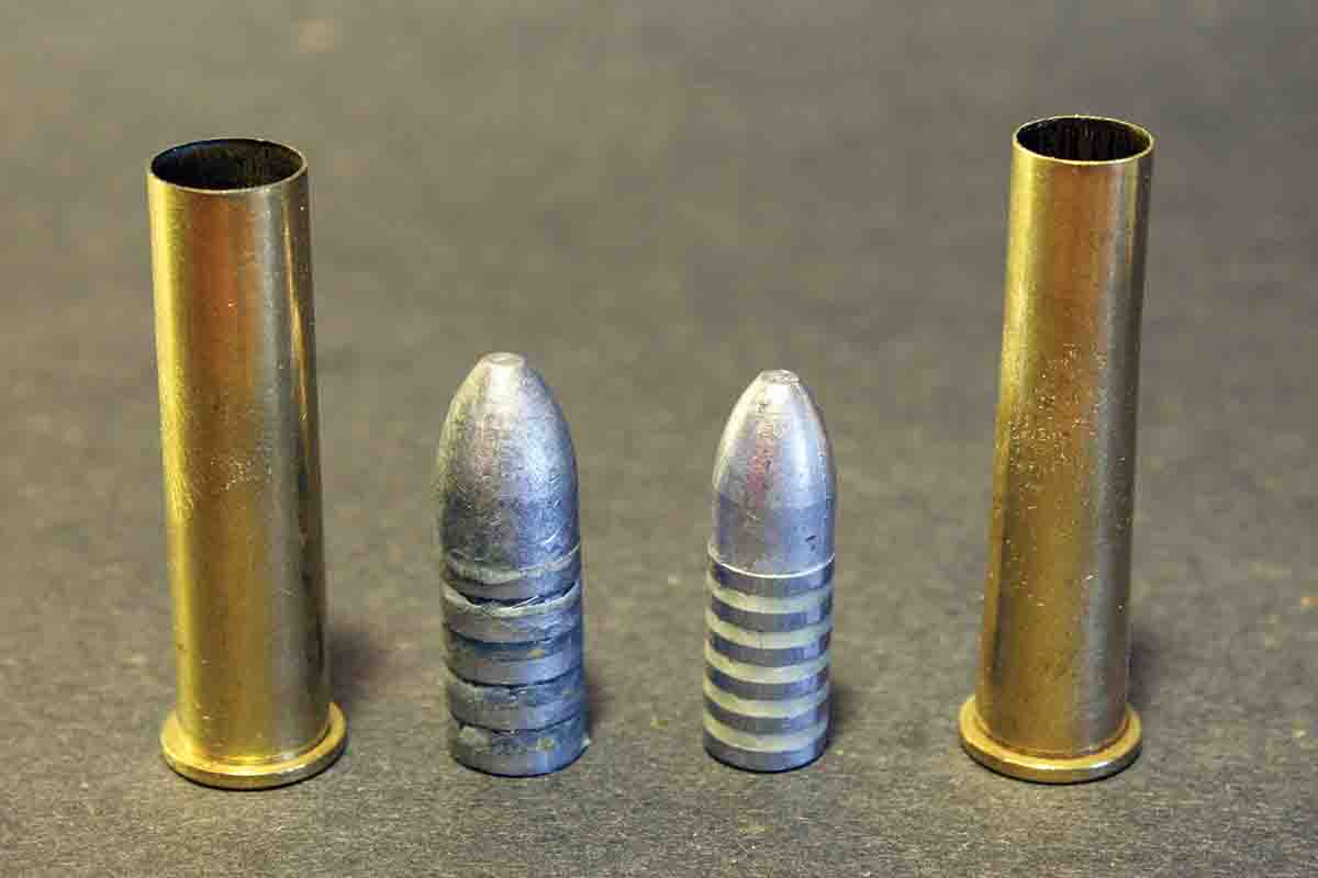 The .40-65 WCF (right) is the .45-70 Springfield (left) tapered down to take a .40-caliber bullet. The primary attraction these days is the use of longer bullets with higher ballistic coefficients than .45-caliber black-powder rounds, resulting in less recoil and wind drift. The 410-grain .40-caliber bullet at right is about the same length as the 525-grain .45-caliber bullet, yet it has a higher BC.